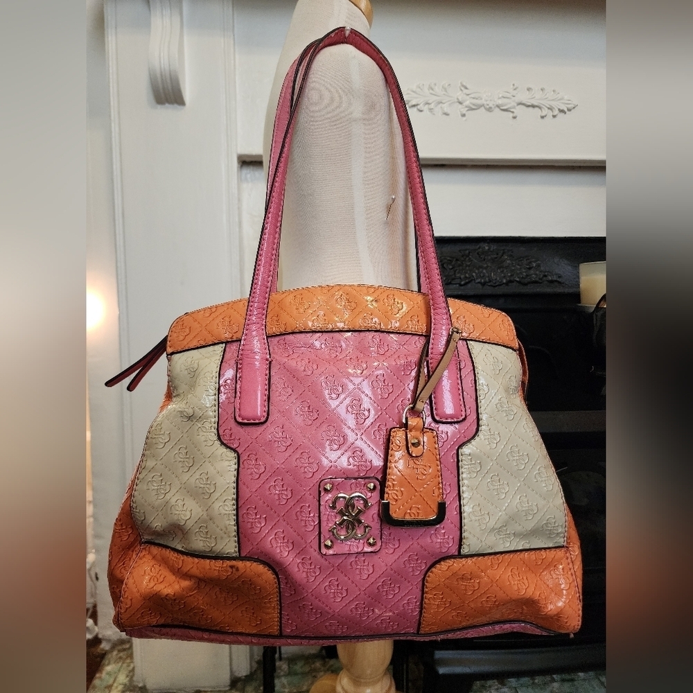 Guess Patchwork Satchel Tote Bag Pink Orange Quilted Logo